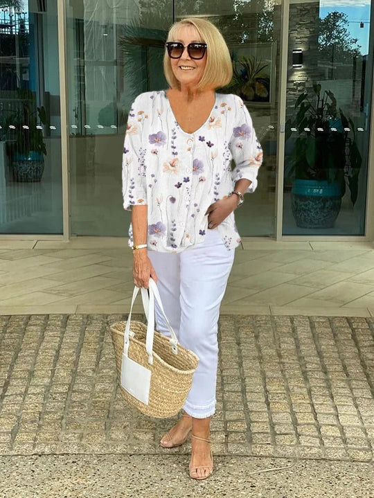 Barbara | Cotton and Linen Floral Top