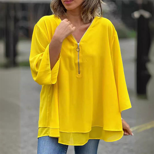 Heidi | V-Neck Flowy Zipped Top