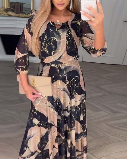 Miska™ | Elegant chiffon dress with a print and three-quarter sleeves