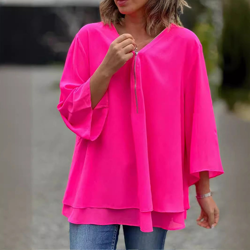 Heidi | V-Neck Flowy Zipped Top