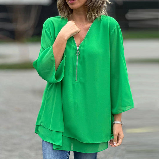 Heidi | V-Neck Flowy Zipped Top