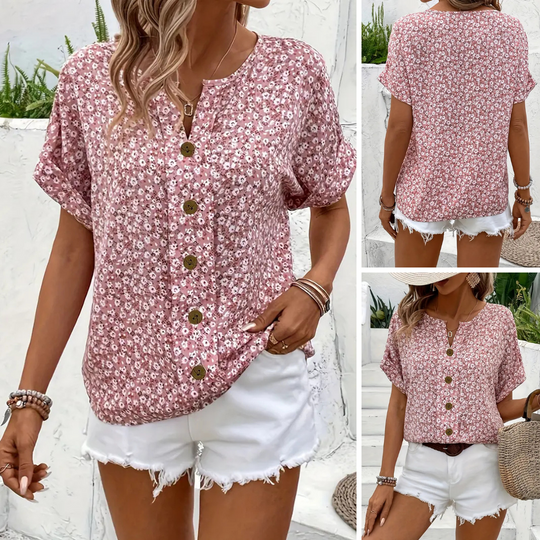 Cindy | Floral Print Notched Colour Blouse
