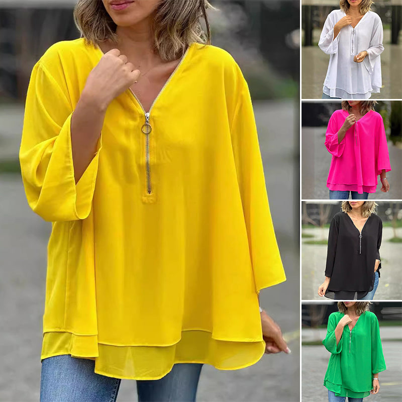 Heidi | V-Neck Flowy Zipped Top