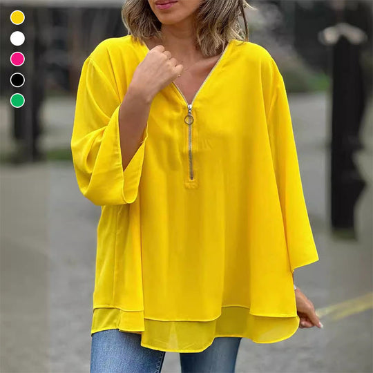 Heidi | V-Neck Flowy Zipped Top